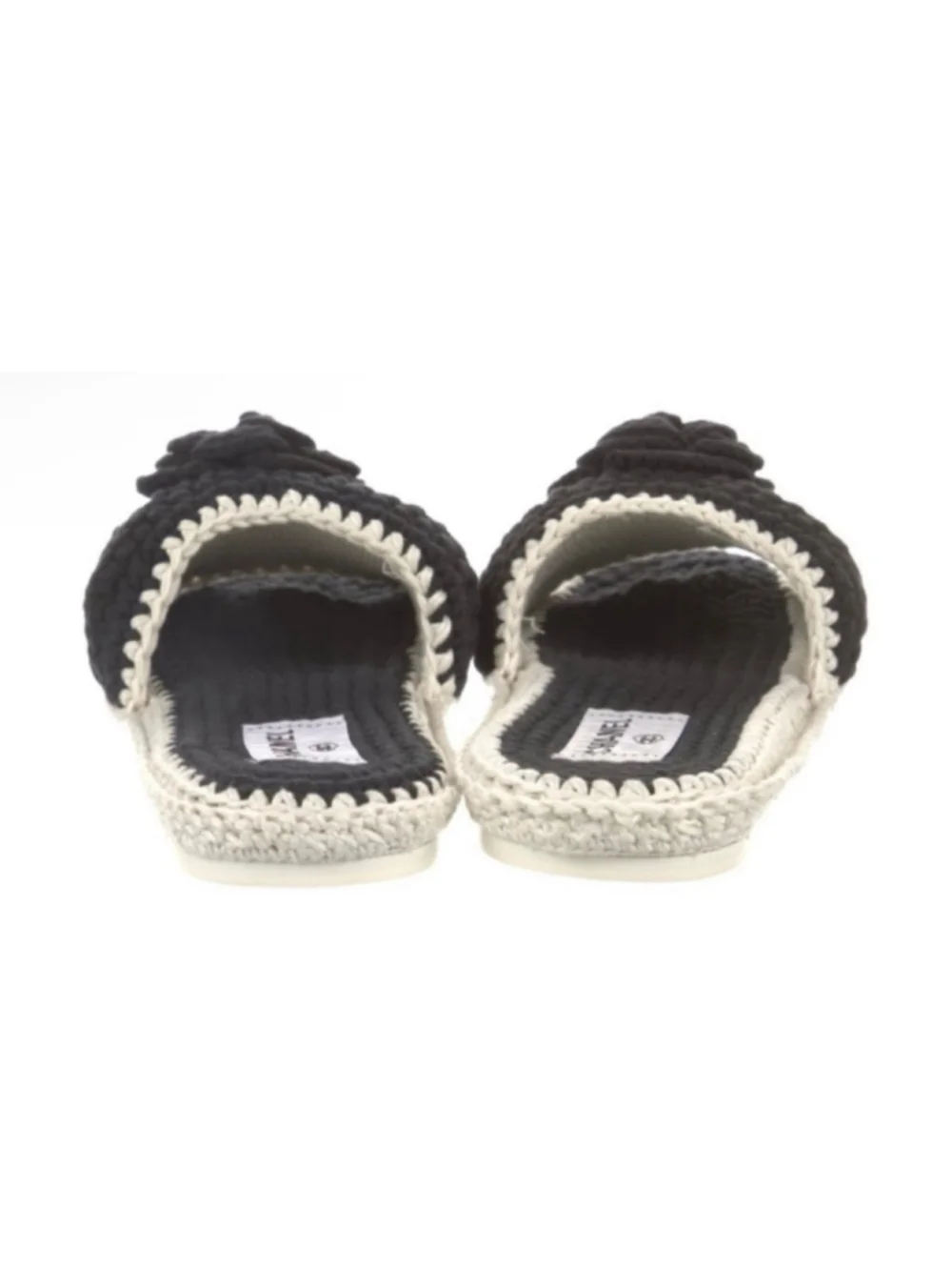 Chanel Crochet Camellia Flower Slide Sandals Black Beige 7/37